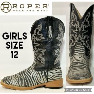 ROPER GIRLS BOOTS KIDS BLACK SILVER ZEBRA GLITTER PULL ON WESTERN SQUARE TOE 12